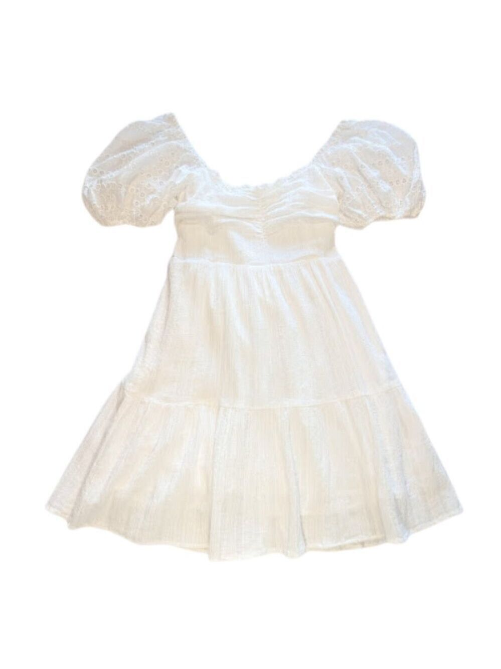 Romantic Coastal White Cotton Puff Sleeve Eyelet Tiered Dress by Heartloom L